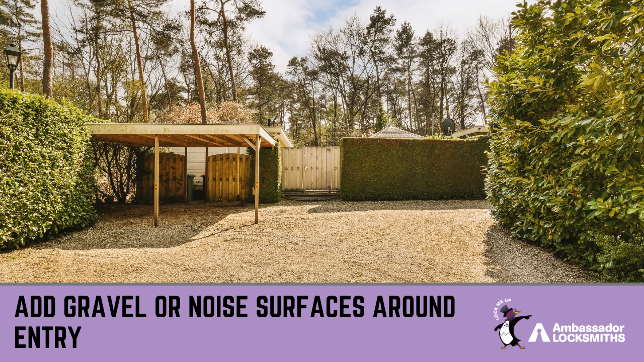 Outdoor shed surrounded by gravel walkway to produce sound when walked on