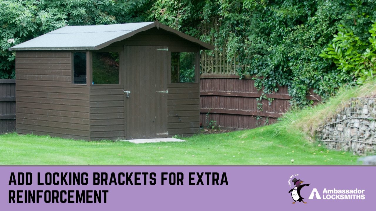 Reinforced garden shed door with metal locking bracket surrounding padlock for extra protection