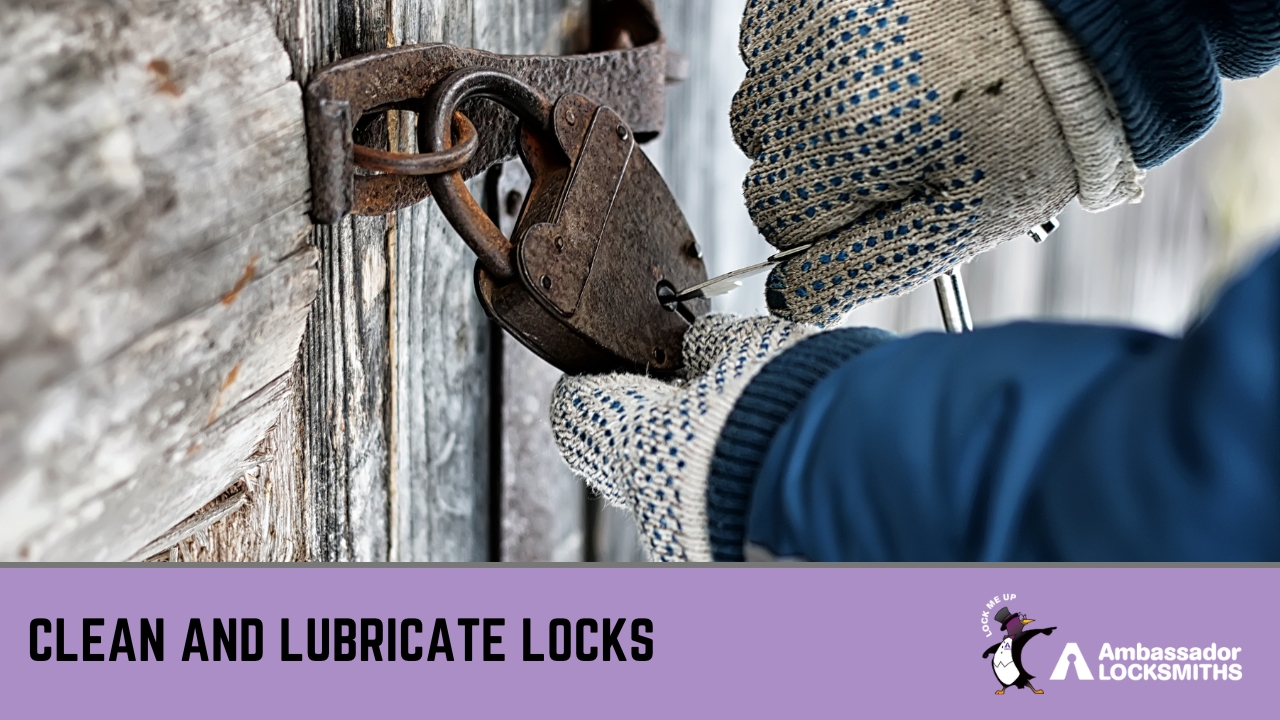 Close-up of homeowner applying lubricant to garden shed padlock to prevent rust and stiffness