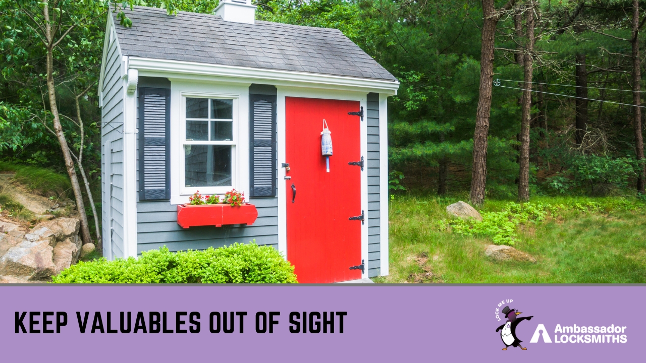 Garden shed window fitted with frosted film to block interior visibility