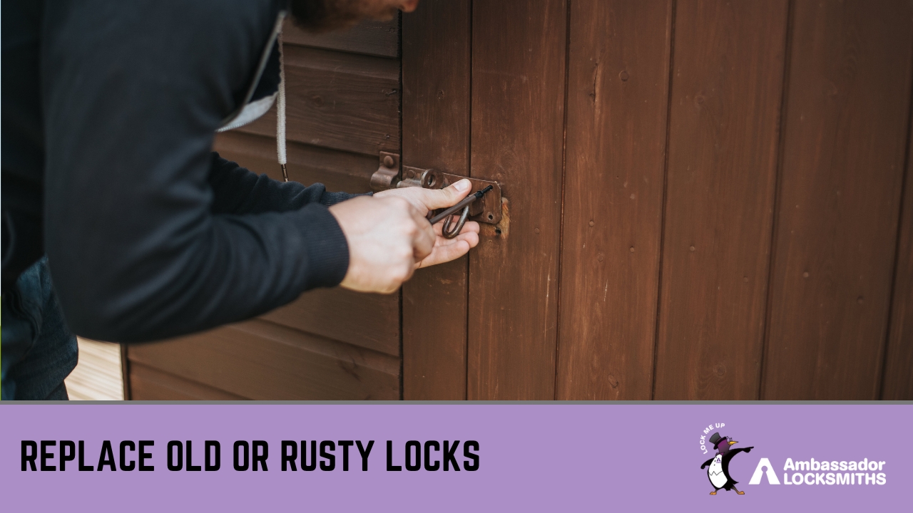 Technician fitting a new stainless steel padlock to a garden shed door