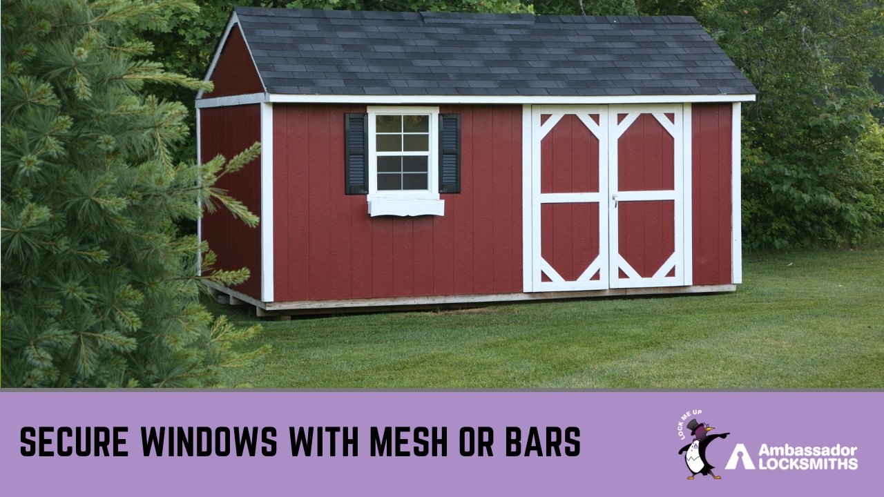 Garden shed window reinforced with steel mesh for added protection