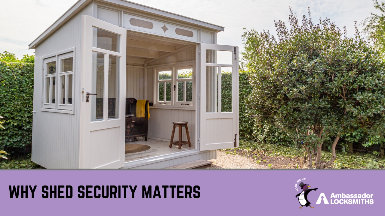 Outdoor shed illuminated by motion-sensor light and fitted with strong padlock