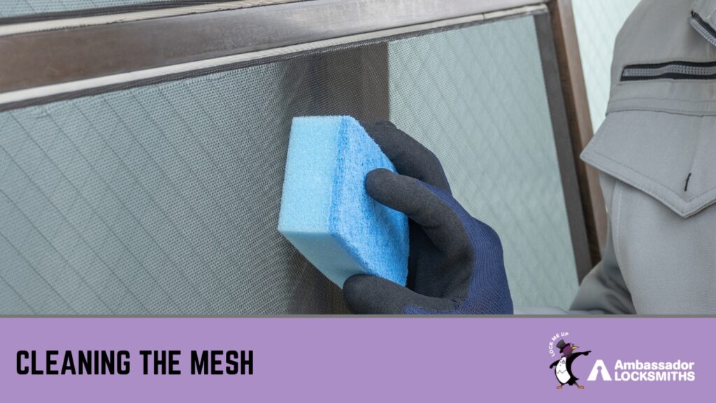 How to Clean and Maintain Security Screens » Security Screen A gloved hand uses a blue sponge to clean the mesh of a security screen door