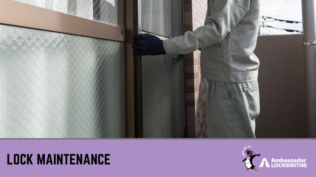 How to Clean and Maintain Security Screens » Security Screen A technician in workwear inspects a sliding glass door for lock maintenance