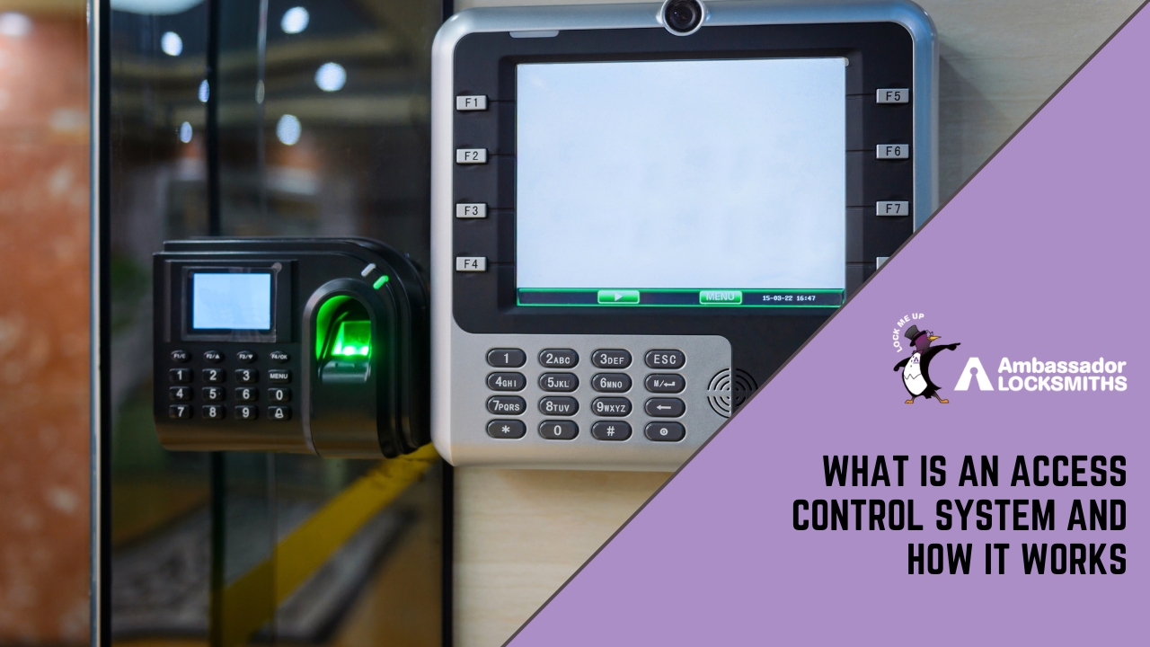 Blog » Blog An access control system terminal mounted on a wall featuring a numeric keypad with a green glowing fingerprint scanner.
