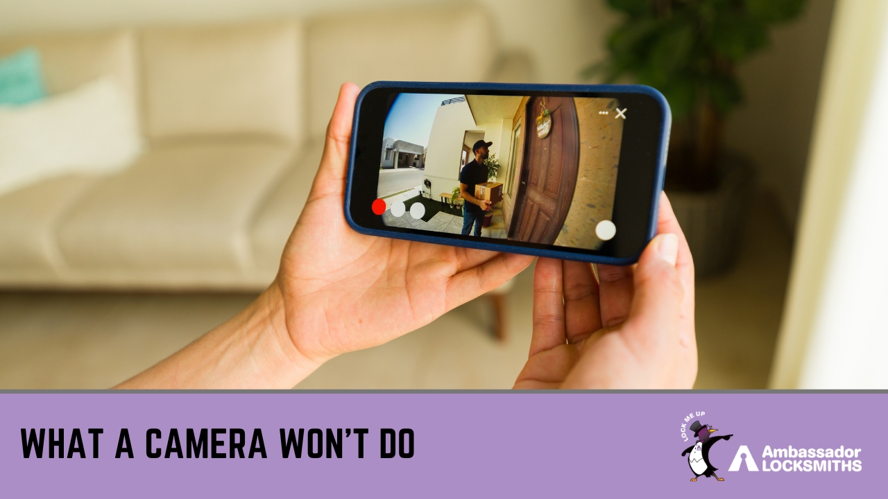 Why Doorbell Cameras are Worth It for Holiday Safety » Doorbell Camera Person viewing a security camera live stream on a smartphone showing a delivery person at the front door.