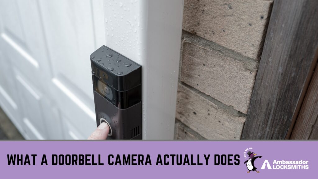 Why Doorbell Cameras are Worth It for Holiday Safety » Doorbell Camera Person pressing a video doorbell camera installed outside a home entrance.