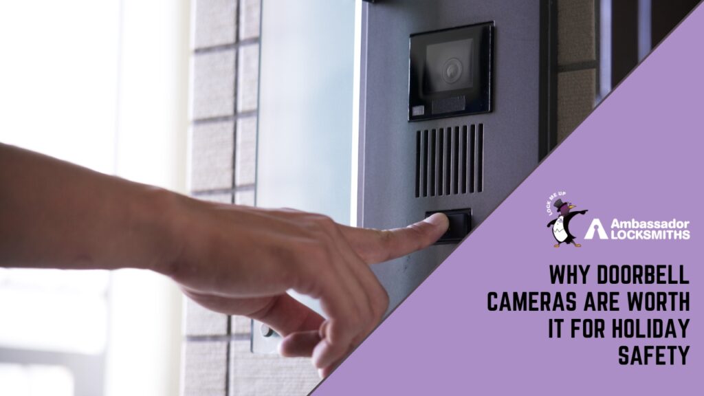 Person using a video doorbell camera system mounted at a home entrance for holiday safety.