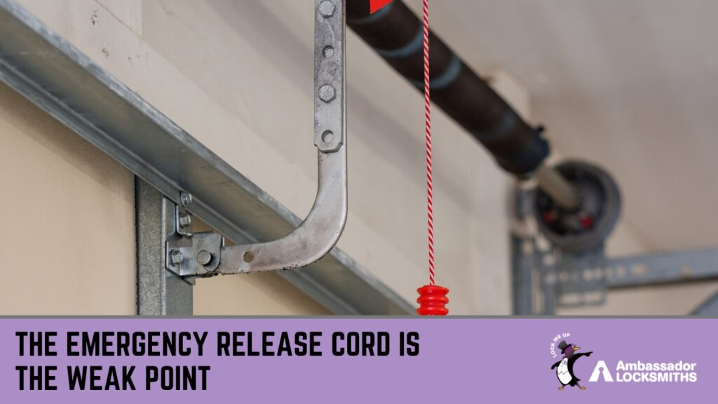 How to Protect Your Garage from Being Used as a Break-In Point » Garage Close-up of a garage door mechanism with a red emergency release cord hanging down.
